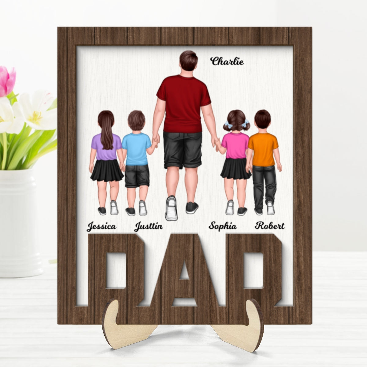 Dad And Kids Walking Back View Personalized 2-Layer Wooden Plaque