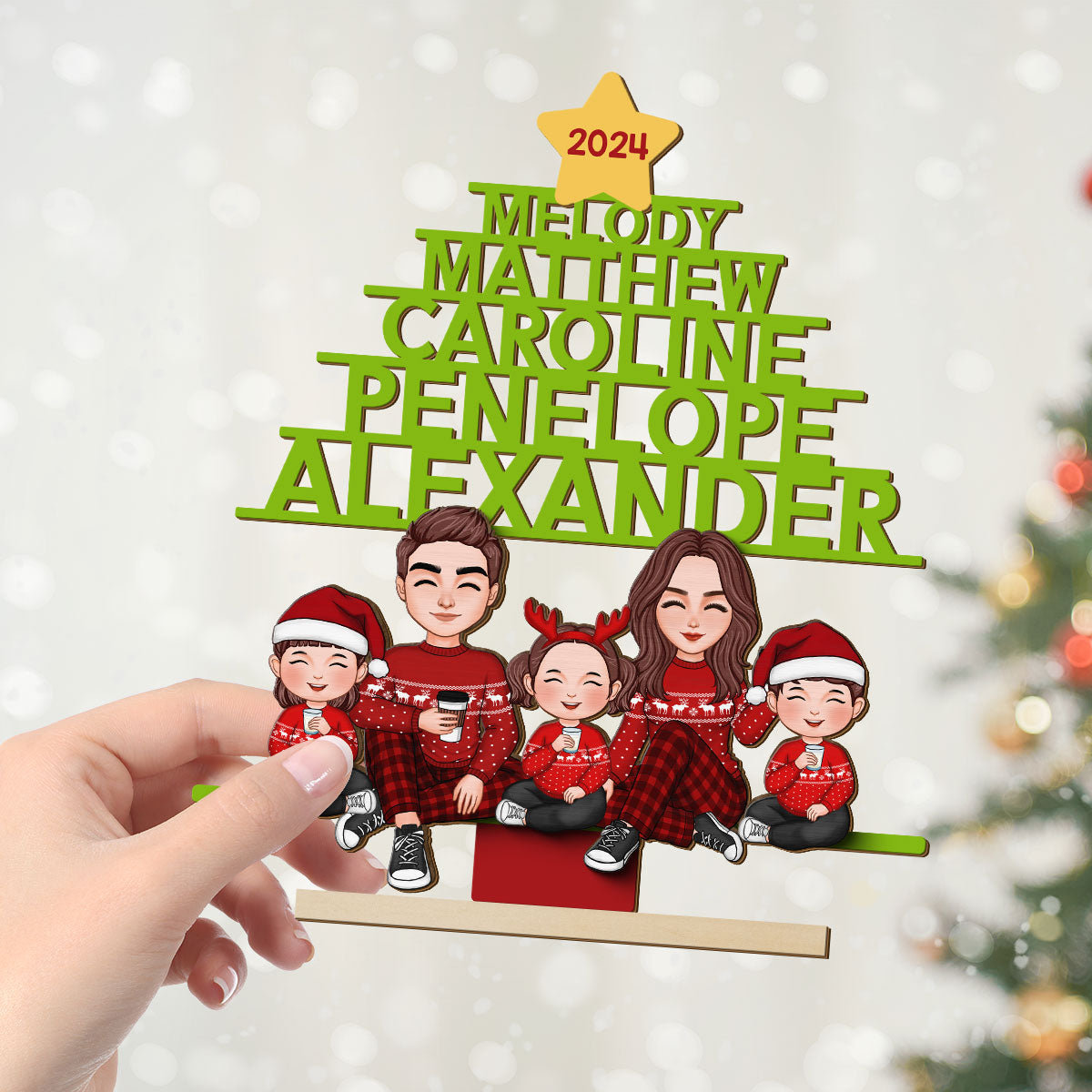 Family Names Christmas Tree Personalized 2-Layer Standing Wooden Plaque