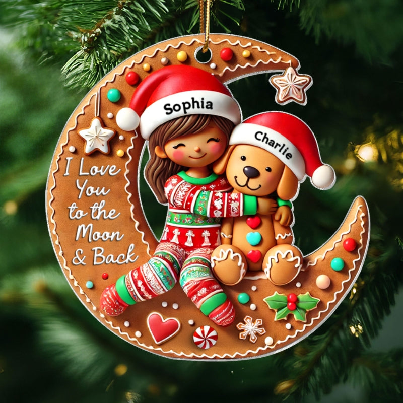 3D Effect Woman Girl And Dog I Love You To The Moon And The Back Personalized Acrylic Ornament, Christmas Gift For Dog Lovers