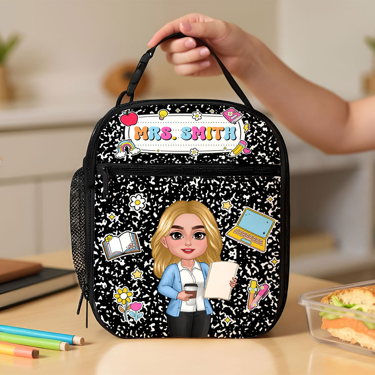 Teacher Composition Book Pattern Personalized Insulated Lunch Bag, Back To School Gift For Teacher