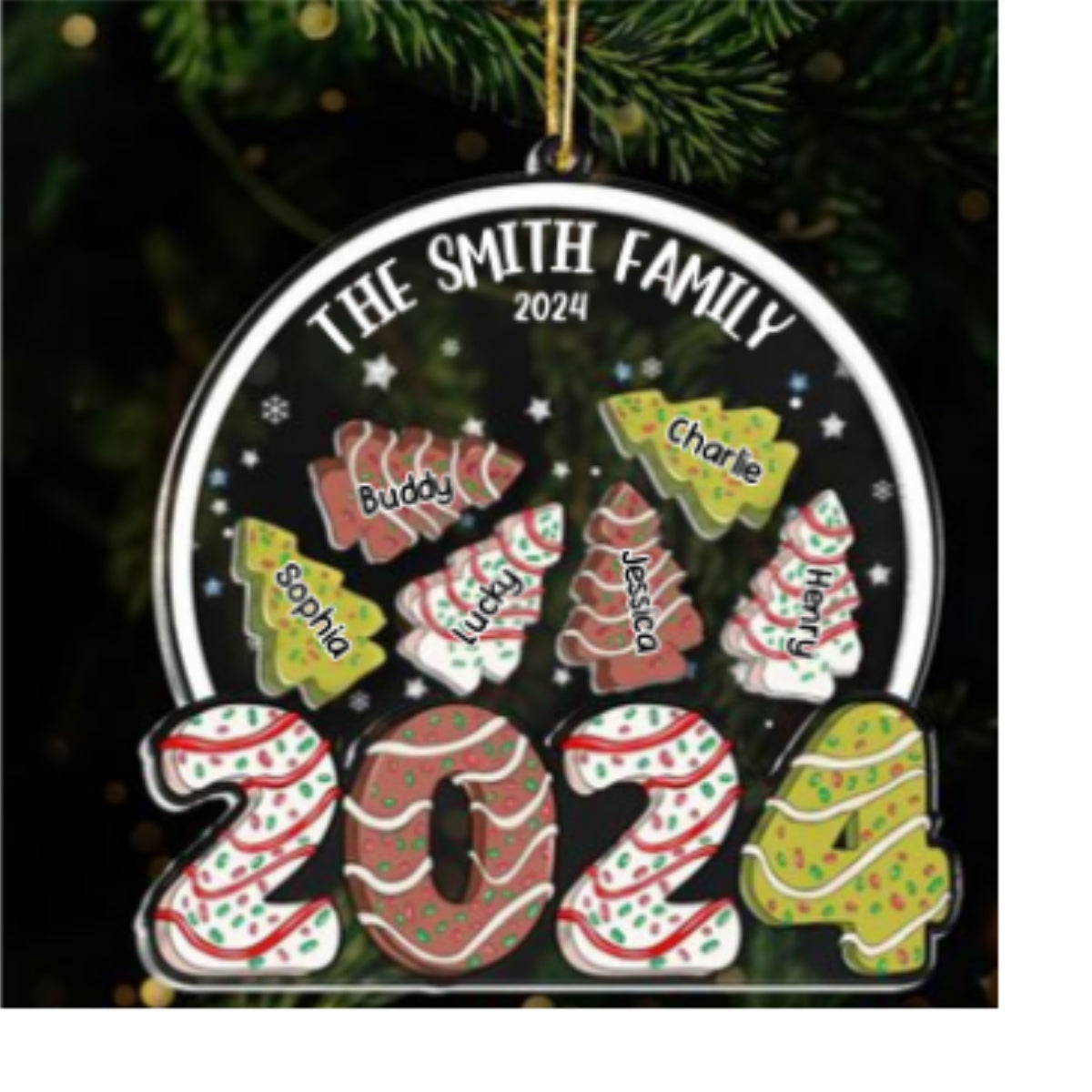 Family Christmas Tree Cake 2024 Personalized Shaker Ornament, Christmas Gift