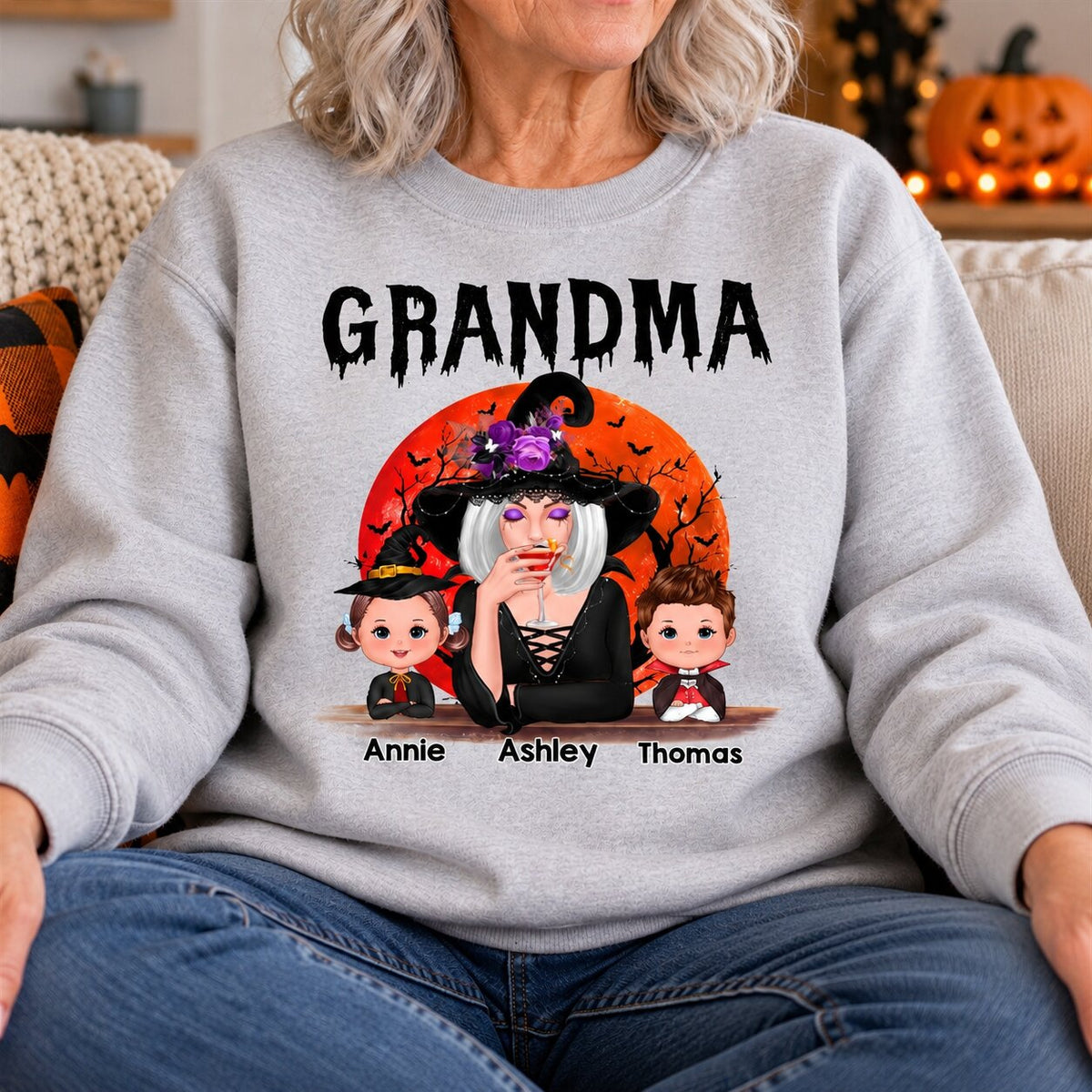 Halloween Moon Grandma Mom Witch With GrandKids Personalized Shirt
