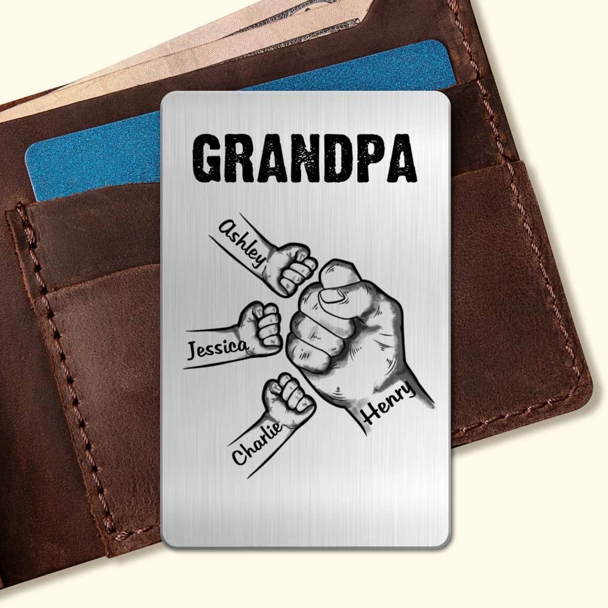Grandpa Dad Fist Bump Hands Gift For Dad Grandpa Personalized Metal Wallet Card