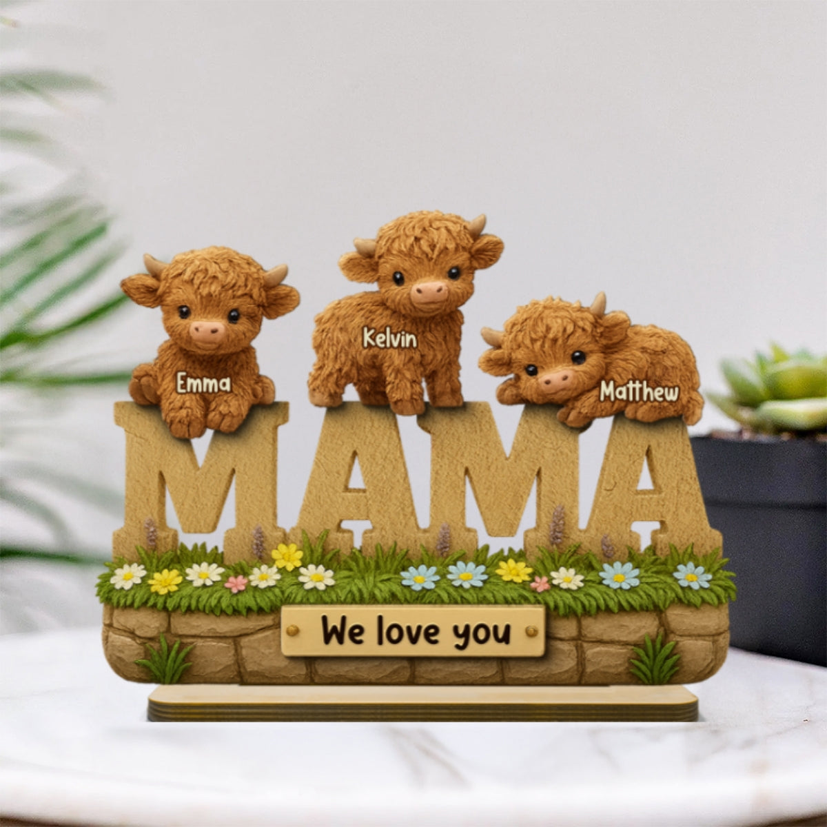 3D Effect Mama Cute Highland Cow Kids Names Personalized 2-Layer Standing Wooden Plaque, Unique Gift For Mom, Grandma