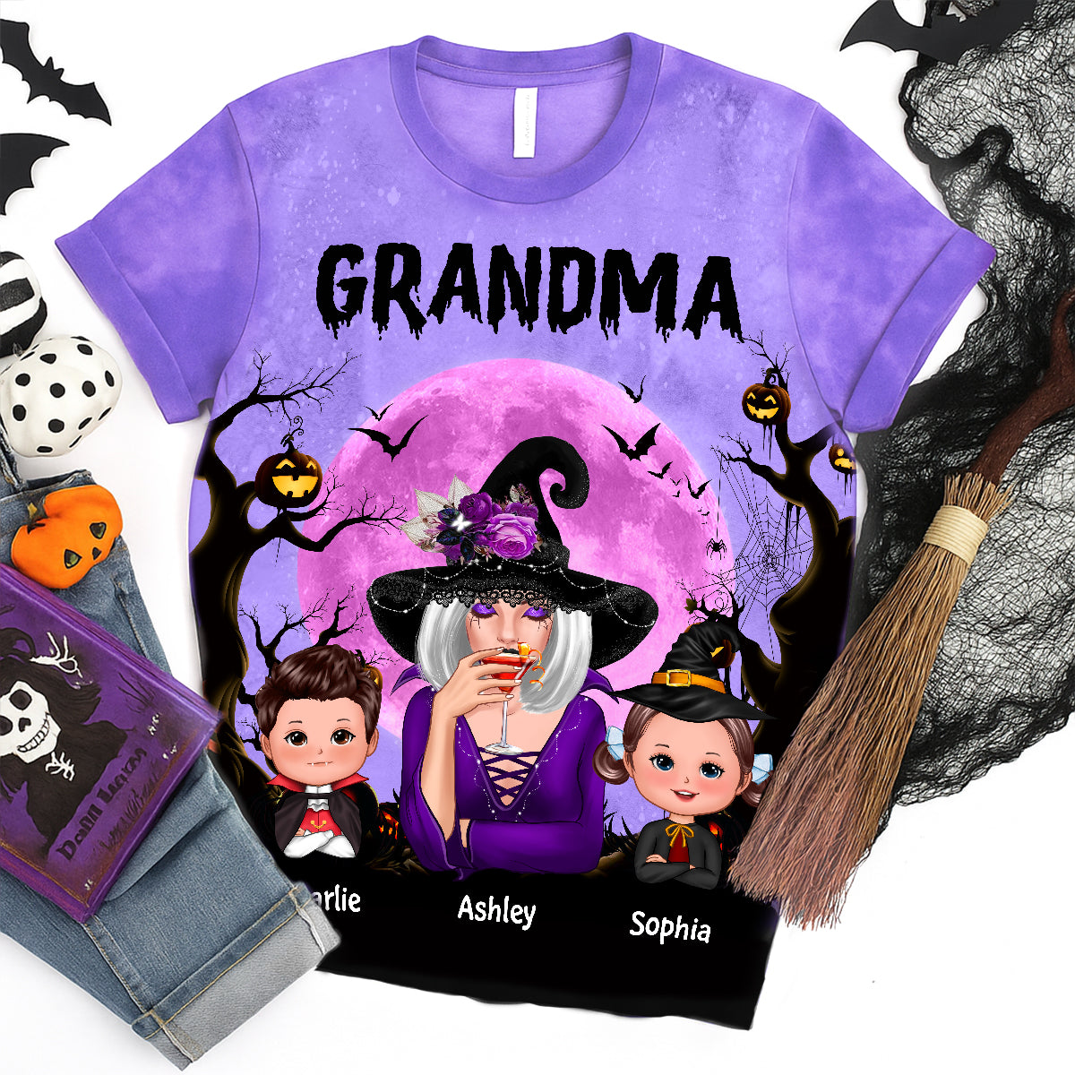 Grandma Witch & Kids Moon Bat Tree Personalized Shirt, Halloween Costume for Grandma