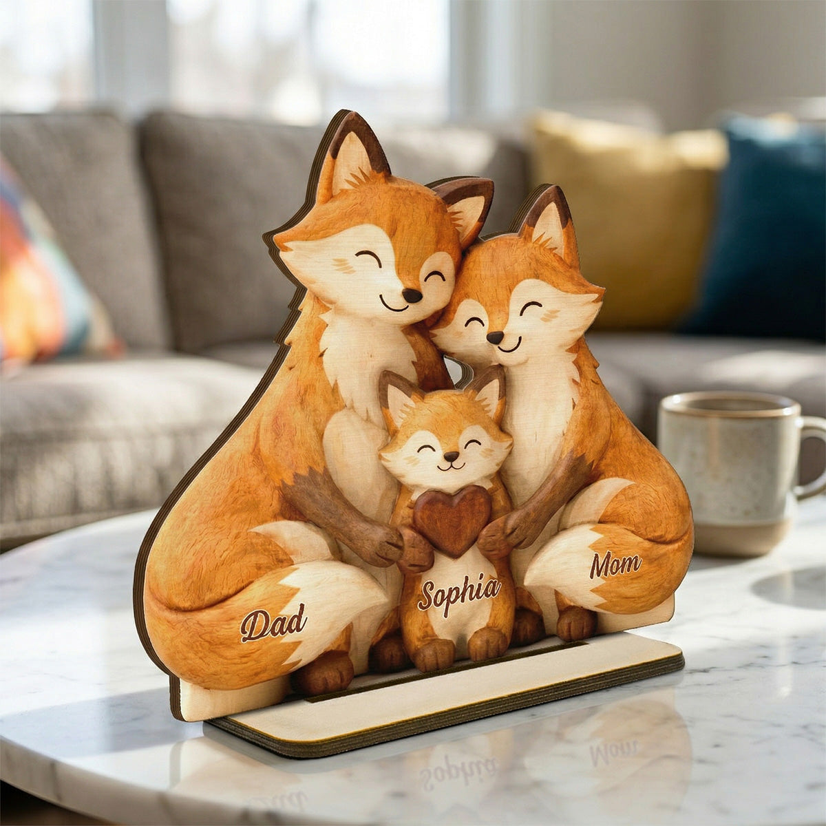 Cozy Fox Family - Personalized 2-Layered Wooden Plaque - Mother's Day Gift For Mom, Woodland Animal Decor