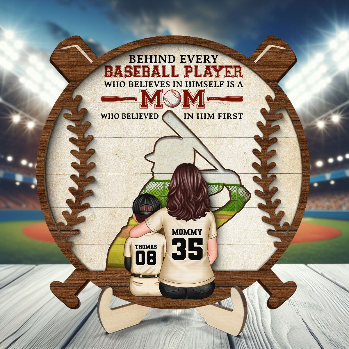 Baseball Mom Behind Every Baseball Player Personalized 2-Layer Wooden Plaque, Gift for Mom