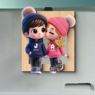 3D Effect Cute Cartoon Couple Walking Personalized Car Visor Clip, Perfect Valentine'Day Gift for him, Gift for her