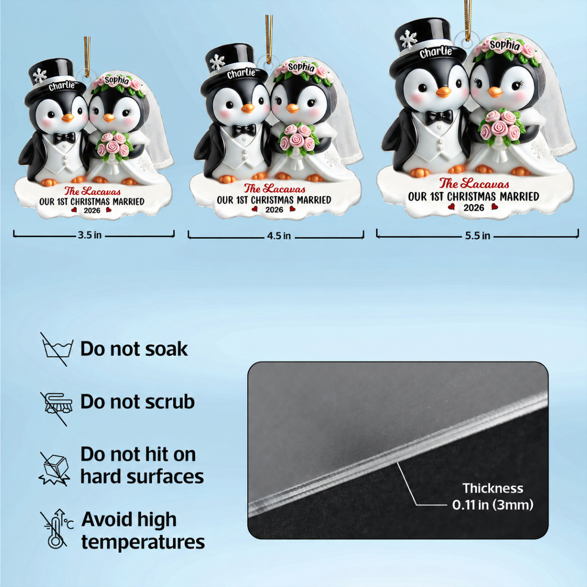 3D Effect Penguins Just Married Couple Groom & Bride Wedding First Christmas Together Personalized Acrylic Ornament