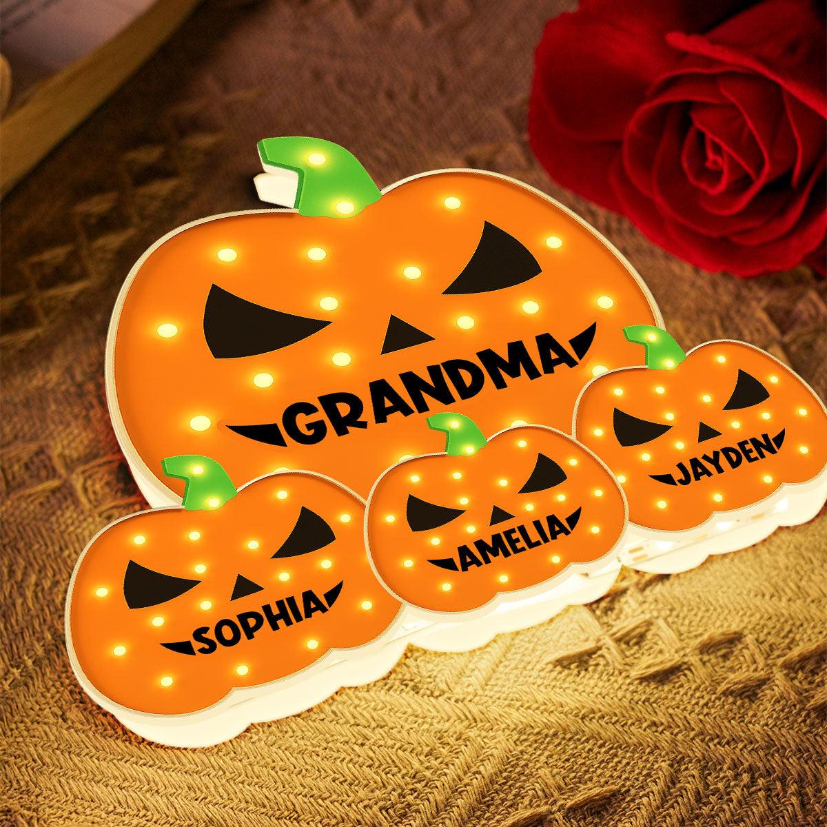 3D Effect Marquee Pattern Halloween Grandma And Grandkids Pumpkins - Personalized Light Box - Gift For Grandmas