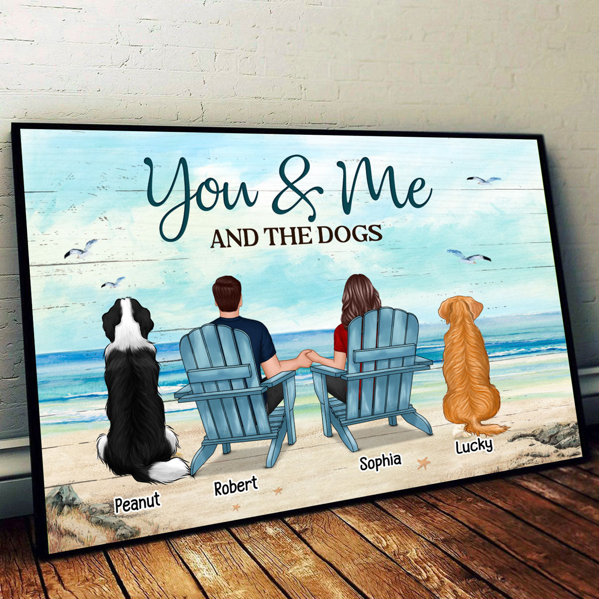 Back View Couple You Me The Dogs Cats Beach Landscape Personalized Horizontal Poster