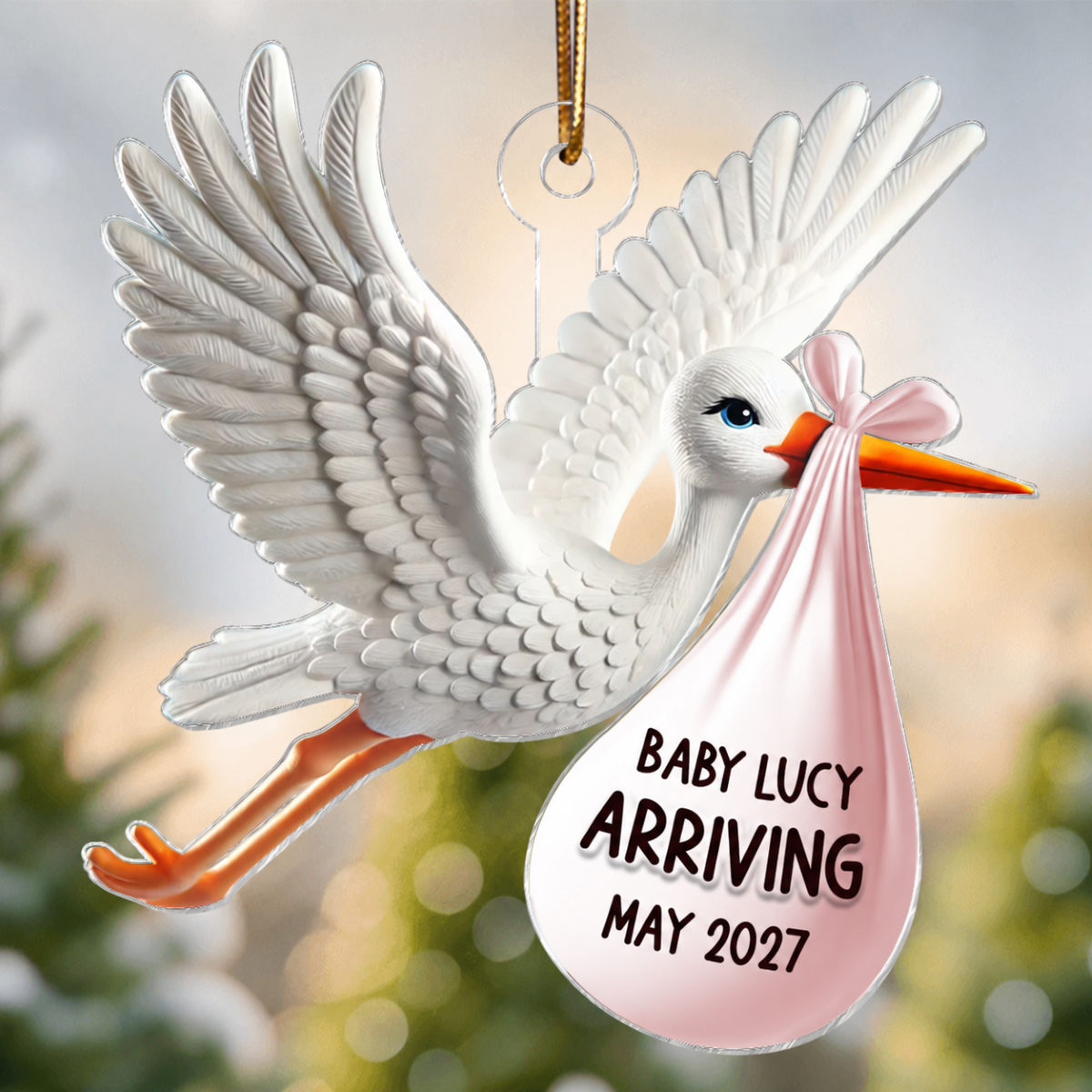 Stork Carrying Baby Bundle New Baby Arriving 3D Effect Personalized Acrylic Flat Ornament