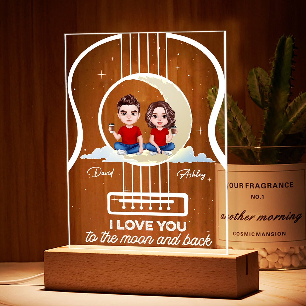 Realistic Couple On Yellow Moon Personalized Acrylic LED Night Light