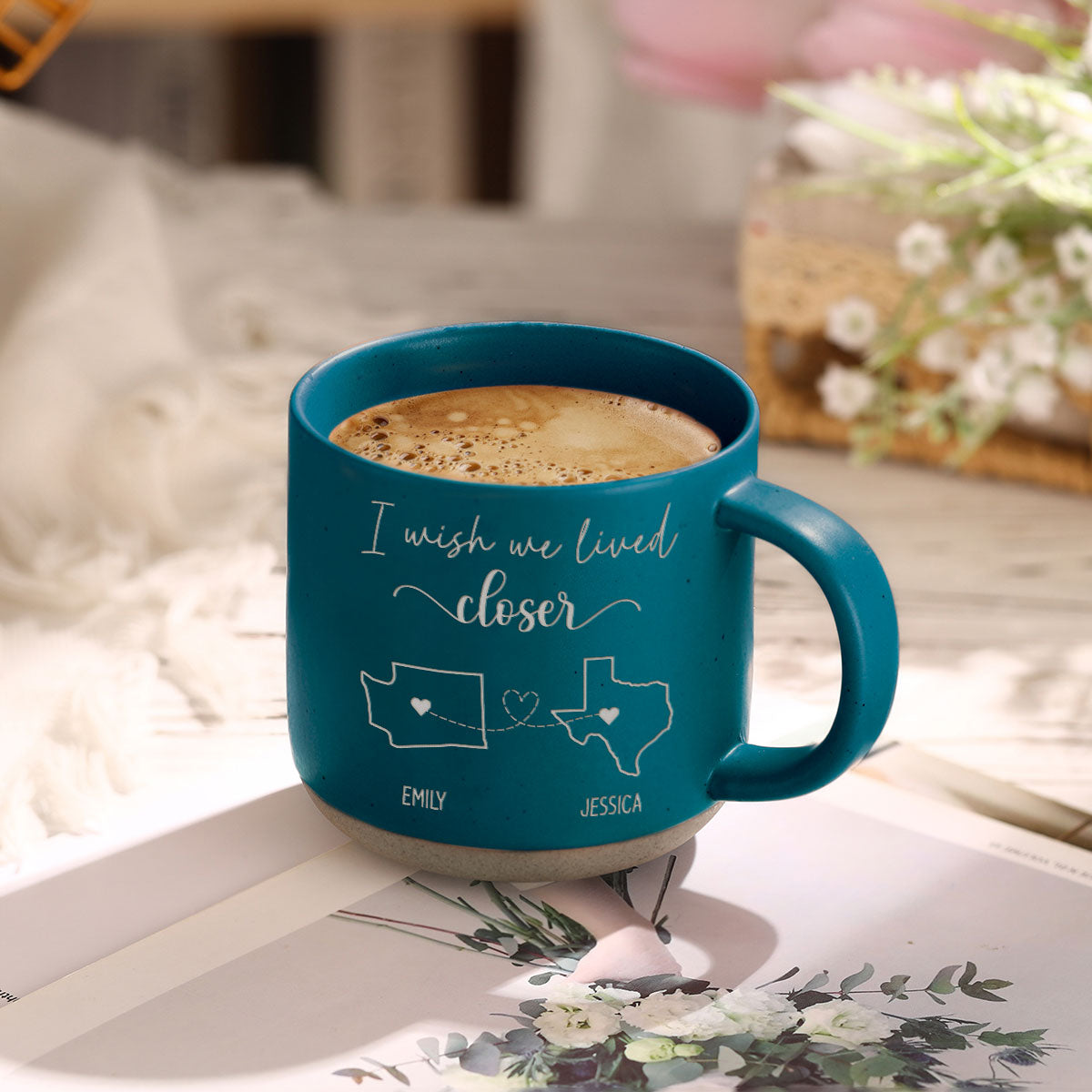 Long Distance Family Friends Siblings Sisters Besties Personalized Pottery Mug, Togetherness Christmas Gift