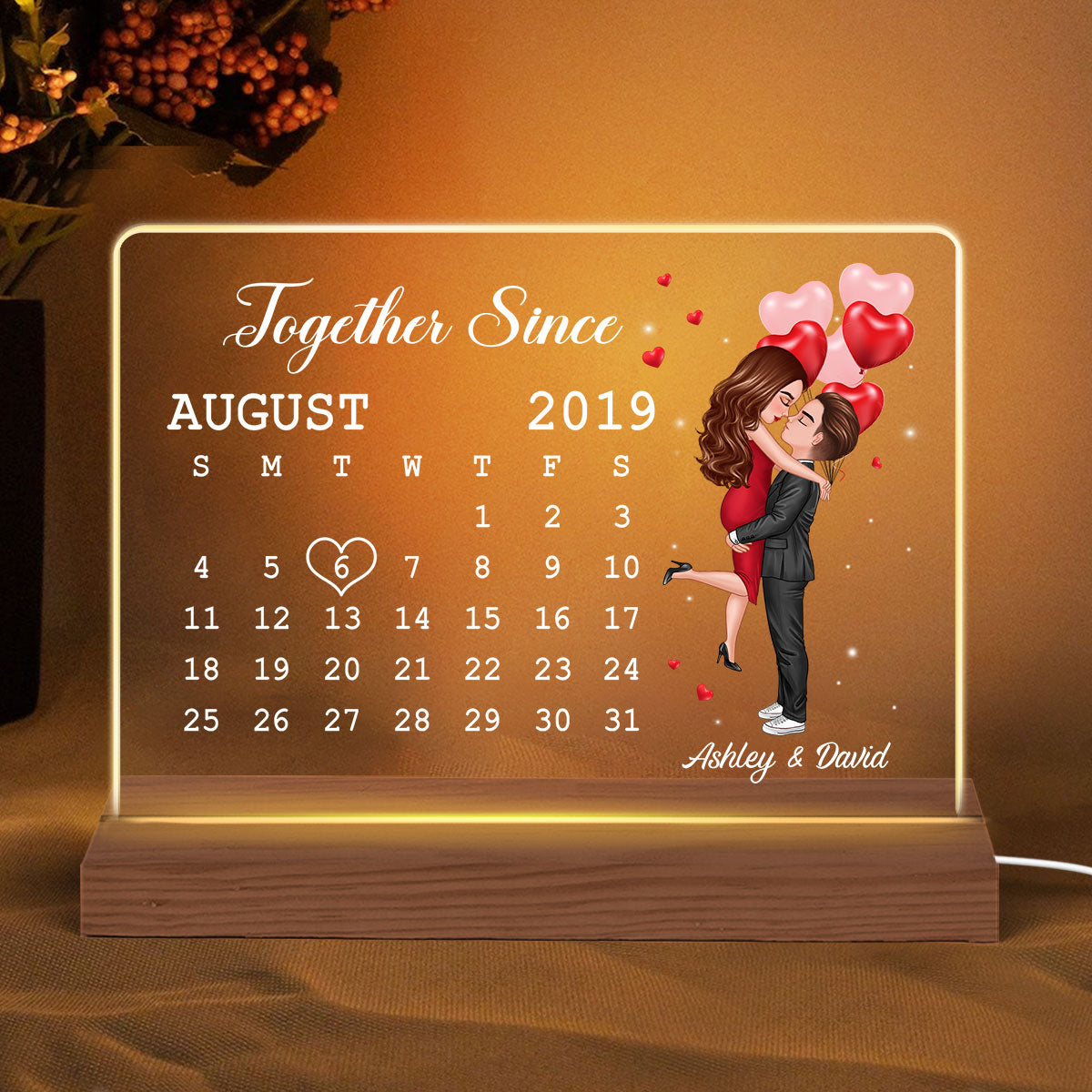 Doll Couple Hugging Kissing Calendar Anniversary Date Gift For Him For Her Personalized Custom Shape Acrylic Plaque LED Night Light