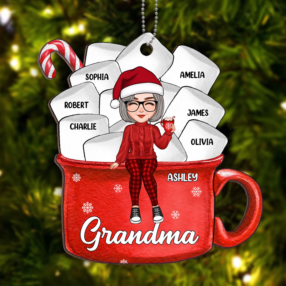 Grandma Mom Hot Cocoa Kids Marshmallows Personalized Wooden Ornament