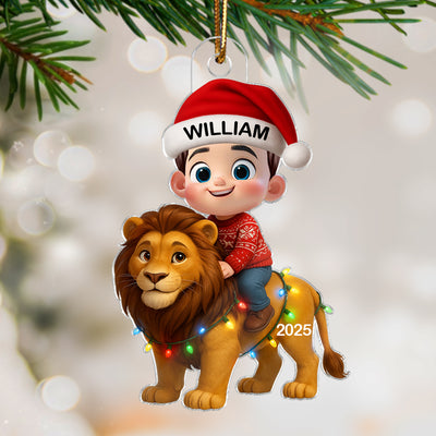 3D Effect Little Kid Jungle Safari Animals Lion Christmas Personalized Acrylic Ornament