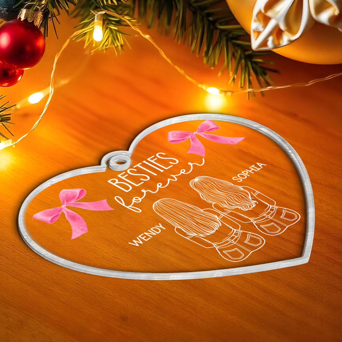 Besties Sisters Sitting Back View Outline Christmas Coquette Personalized Acrylic Ornament