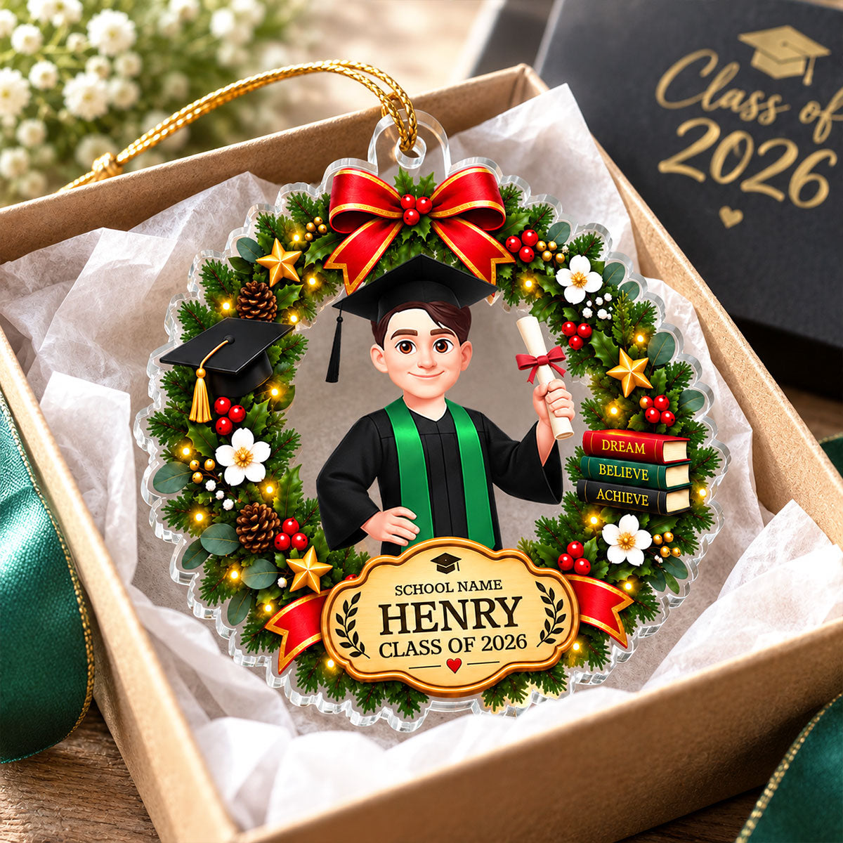 Senior Graduation Wreath 2D Flat - Personalized Acrylic Ornament - Class of 2026 Keepsake, High School Graduate Gift