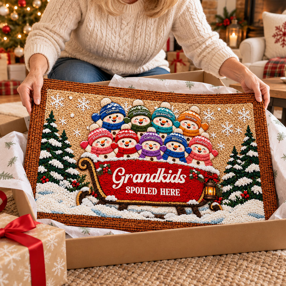 Welcome To Grandparents' Grandkids Snowman On Sleigh - Personalized Door Mat - Christmas Decor For Grandparents, Family