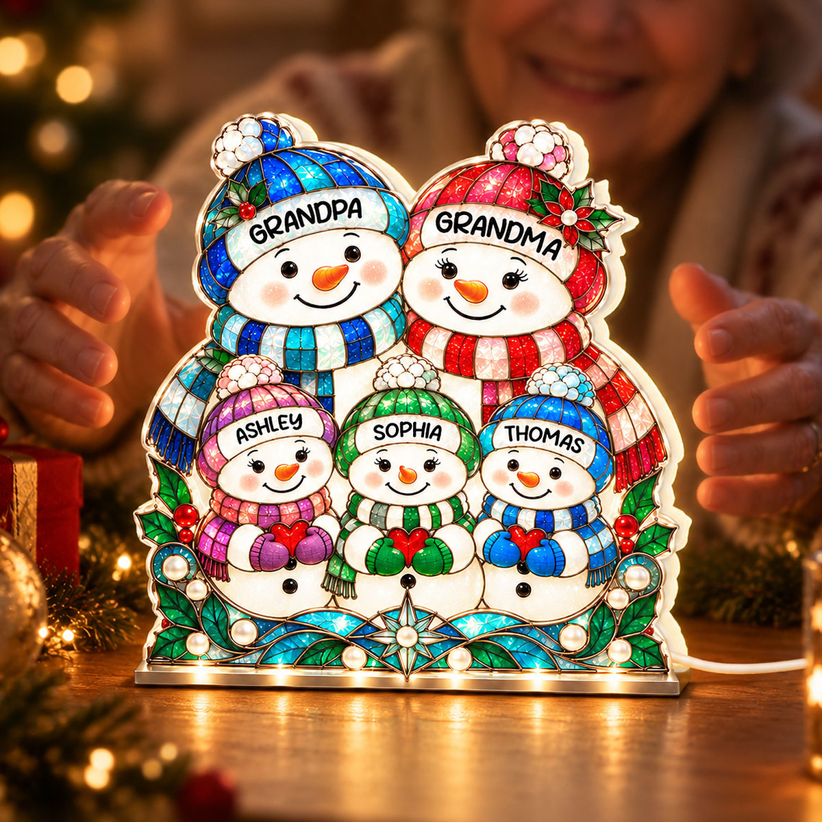 Cute Snowman Grandparents & Grandkids Stained Glass Style 2D Flat Printed - Personalized Light Box - Christmas Decor For Family, Grandma, Grandpa