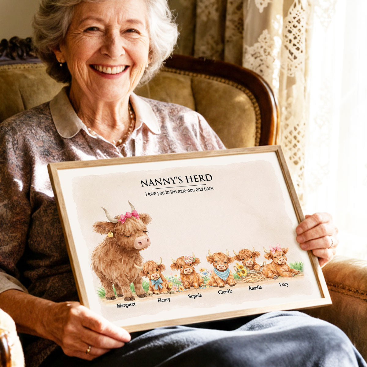 Nanny & Grandad's Herd Highland Cow Family - Personalised Poster - UK Mother's Day Gift for Grandma, Grandpa