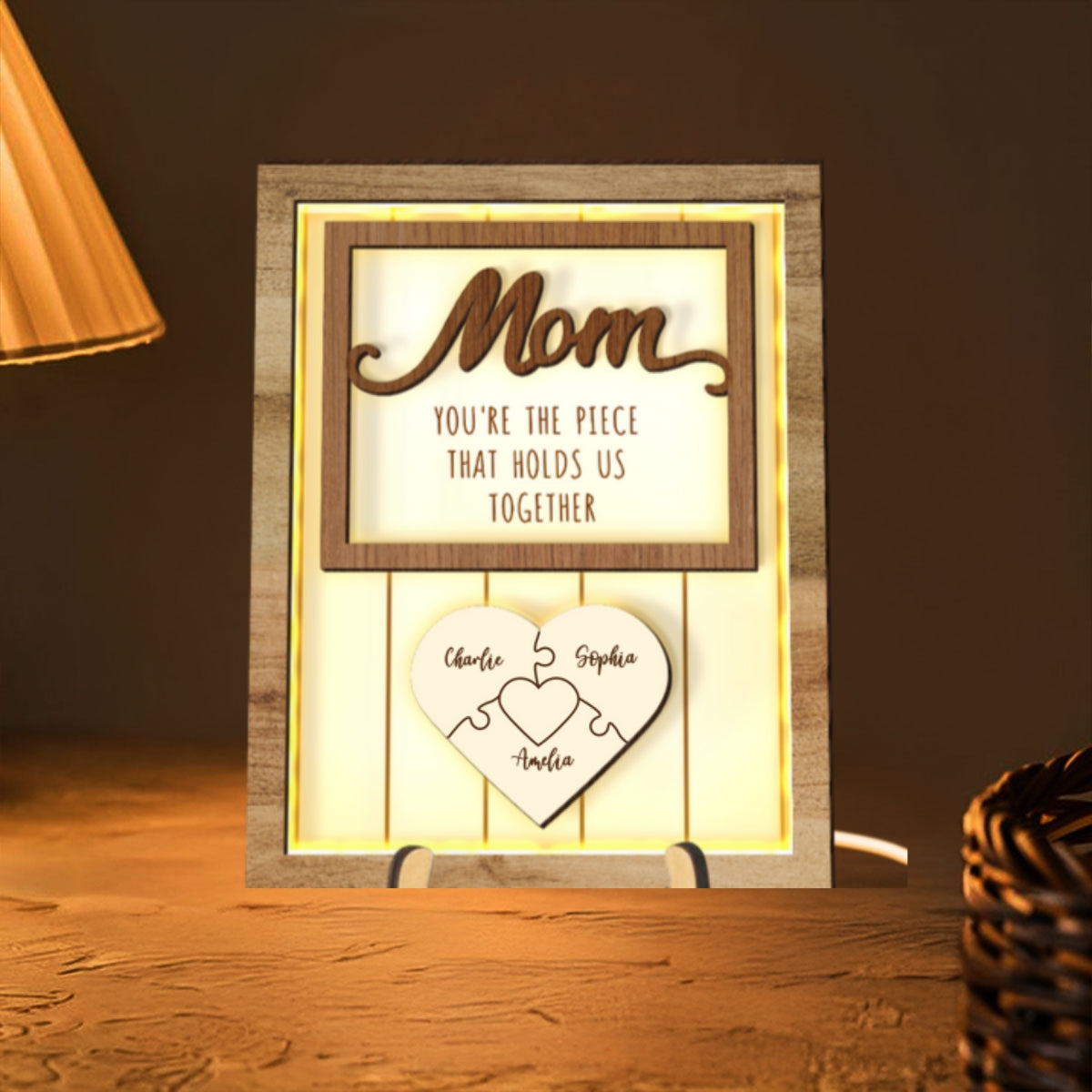 Mom You're The Piece that Holds Us Together Personalized 2-Layered Wooden Plaque with LED, Heartfelt Gift for Mom, Grandma