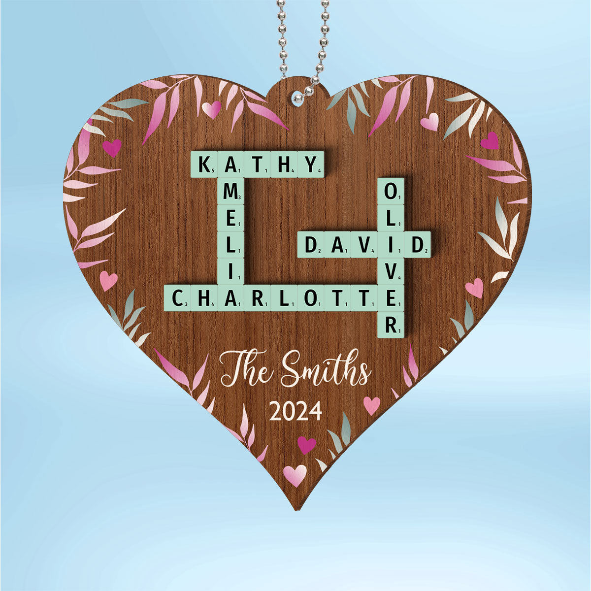 Family Crossword Puzzle Art Personalized Heart Shaped 2-Layered Wooden Ornament, Christmas Gift for Family & Friends
