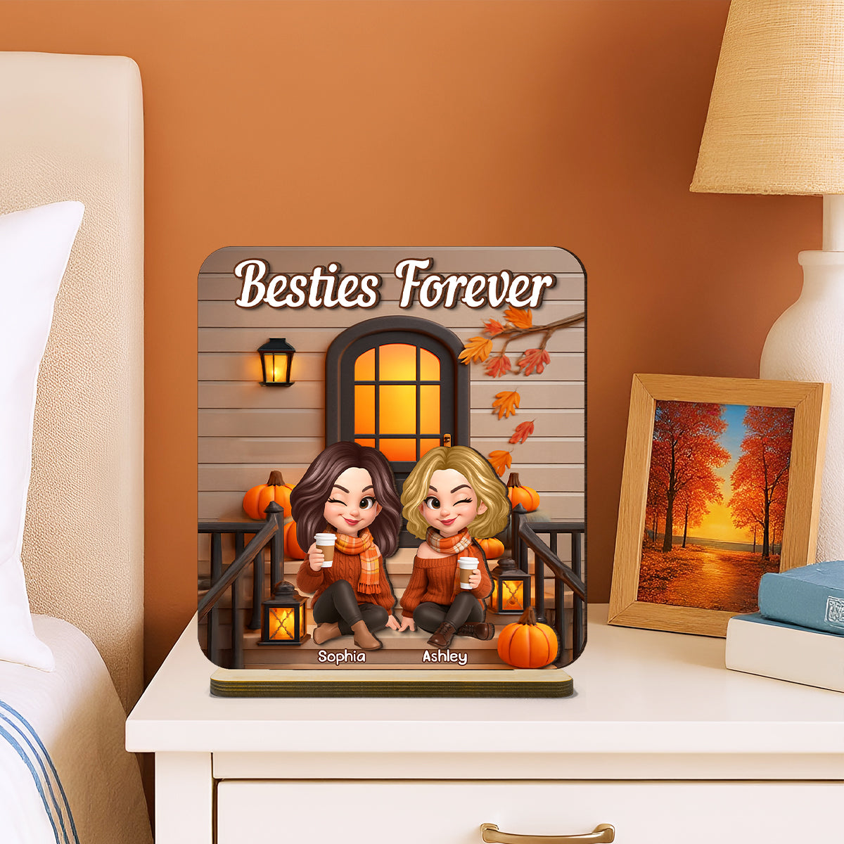 Fall Season Besties Forever Personalized Standing Wooden Plaque, Fall Gift for Best Friends