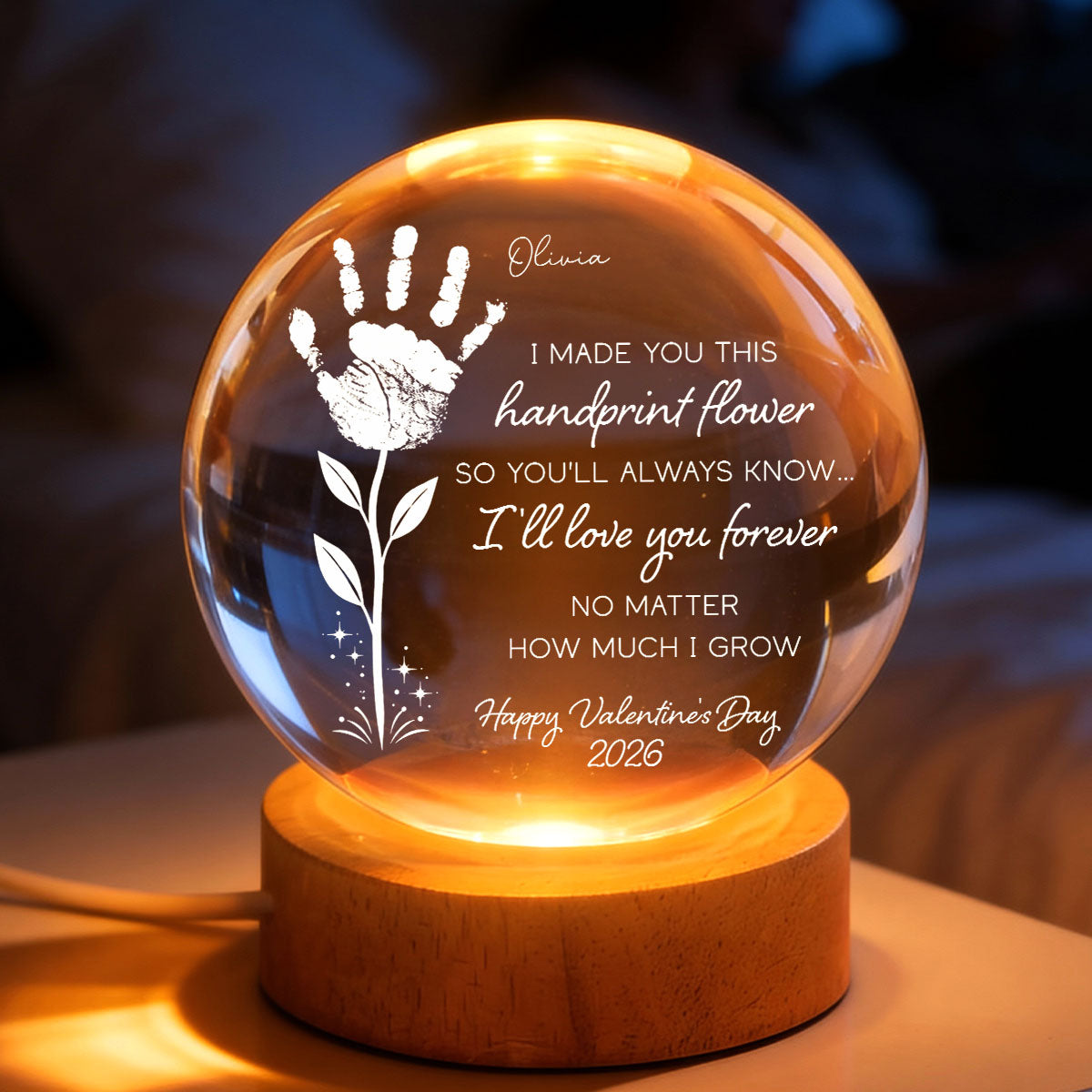 Valentine Day Handprint Art Craft - Personalized Crystal Ball LED Night Light - Anniversary, Valentine's Day Gift, Gift For Him, Gift For Her