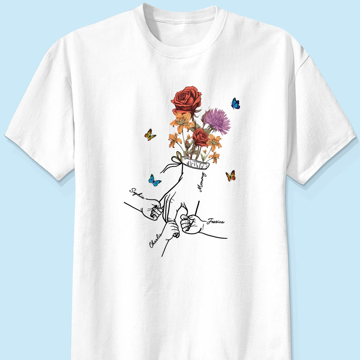 Holding Mom Grandma Hand Birth Month Flowers Personalized Shirt