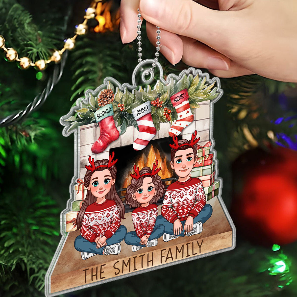 Animated Family Sitting At Christmas Fireplace Personalized Acrylic Ornament