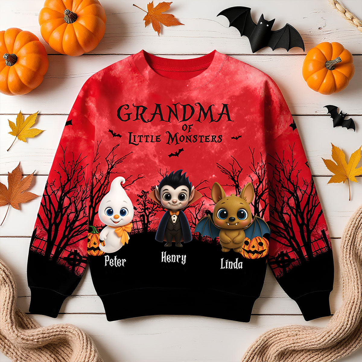 Grandma Mom Cute Little Monsters Halloween Moon Light Bat Tree Personalized 3D Sweatshirt, Purrfect Costume for Grandma