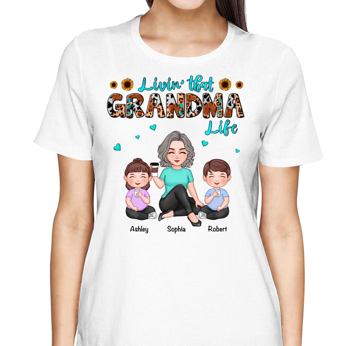 Teal And Leopard Livin‘ That Grandma Mom Life Cute Grandma & Kids Personalized Shirt