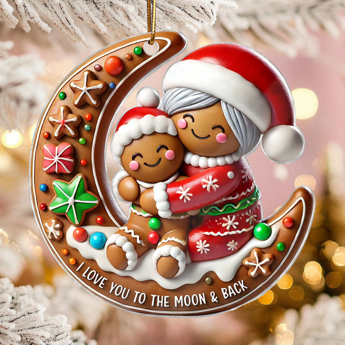 3D Effect Gingerbread Grandma Hugging Grandkid On Moon Christmas - Personalized Acrylic Ornament - Gift For Granddaughter, Grandson