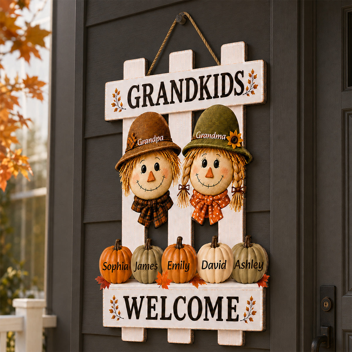 Scarecrow Grandparents Welcome Grandkids 2D Flat - Personalized Wood Sign