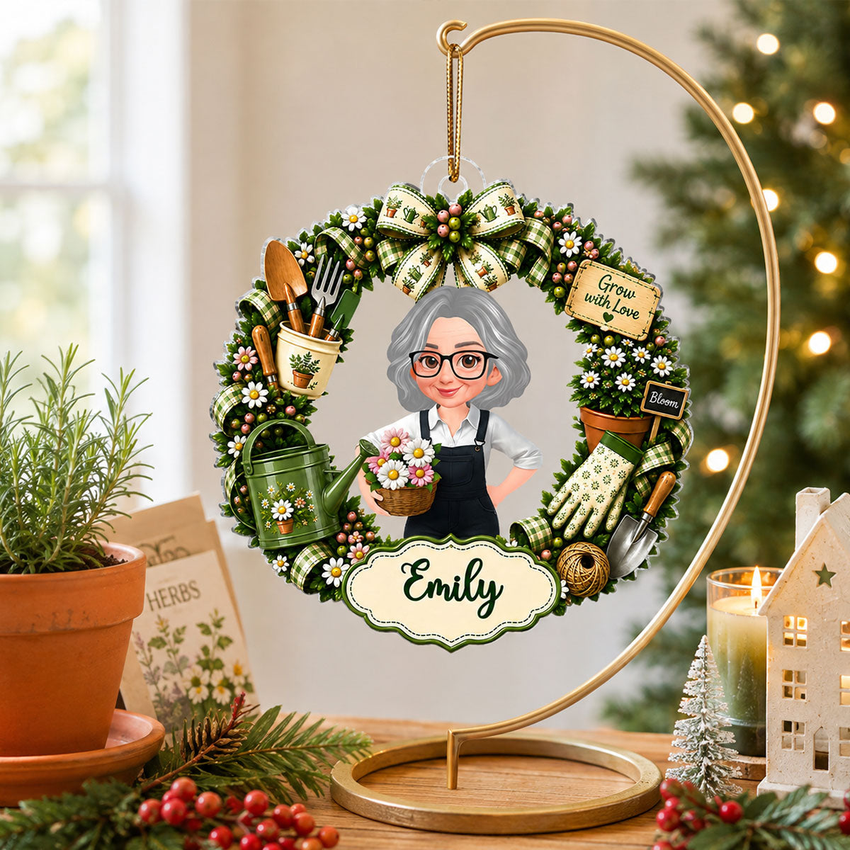 Gardening Things Wreath - Personalized Acrylic Ornament - Christmas Gift For Gardeners, Wife, Mom, Daughter