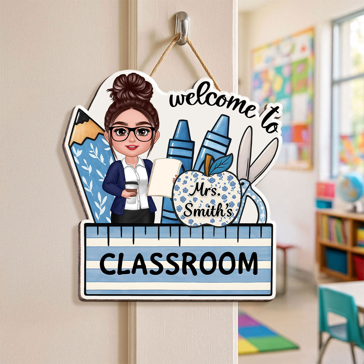 Welcome To Teacher Classroom Blue Floral Personalized Door Sign