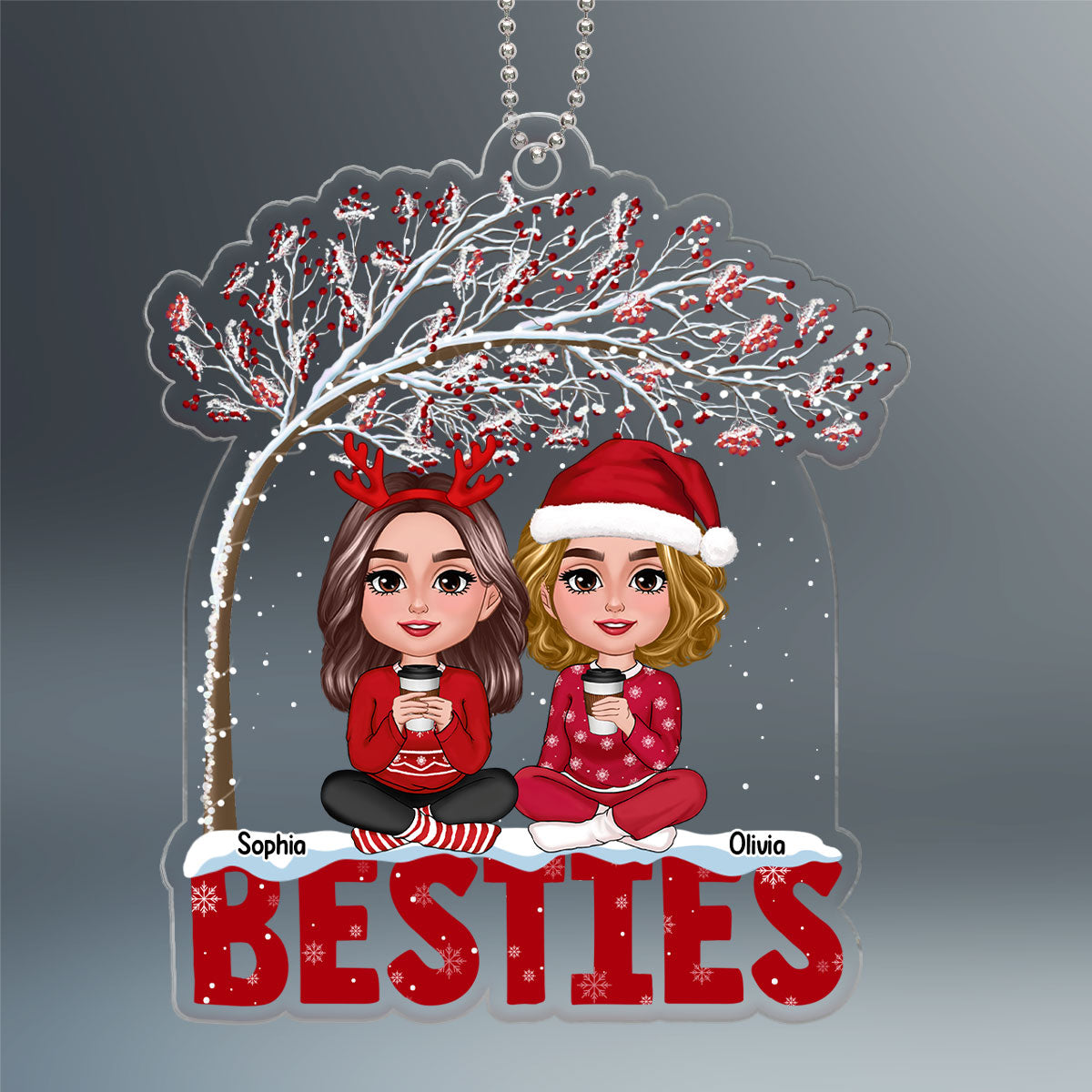 Besties Sisters Sitting Under Berry Tree Personalized Custom Shape Acrylic Ornament