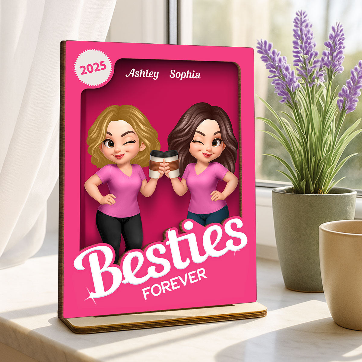 Besties Partner In Crime Pink 3D Effect Action Figure Personalized 2-Layer Standing Wooden Plaque