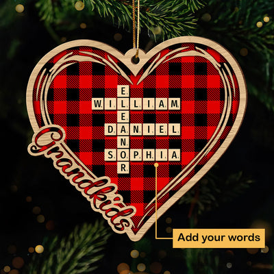 Checkered Heart Crossword Puzzle Art Personalized Wooden Ornament, Christmas Gift for Grandkids, Granddaughter Grandson, Gift for Grandma