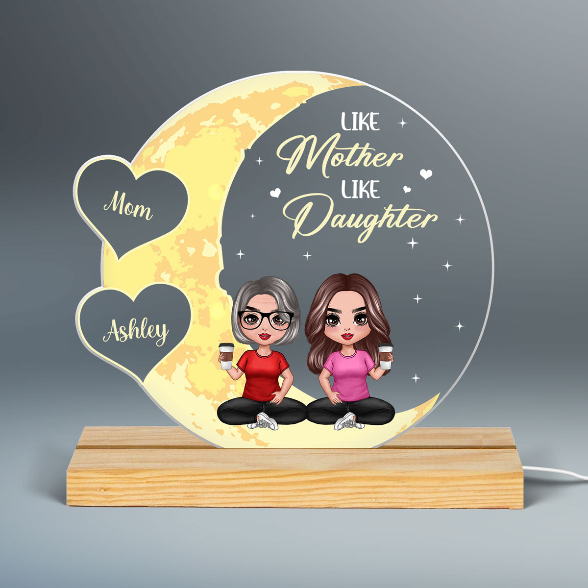 Moon Hearts Doll Mom Daughters Sons Sitting Personalized Custom Shape Acrylic Plaque LED Light Night