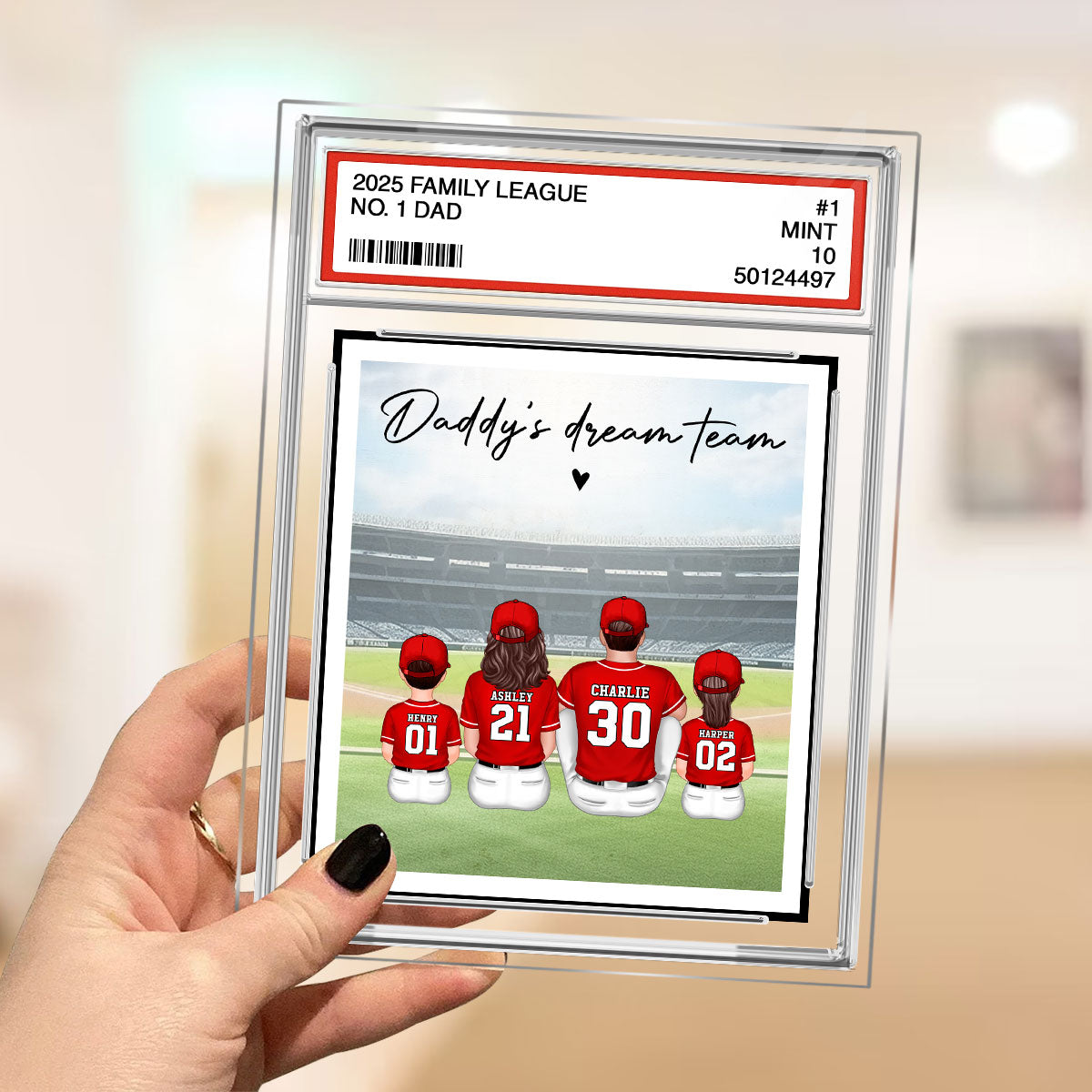 Baseball No. 1 Dad Man & Kids Sitting Trading Card Style Personalized Acrylic Plaque