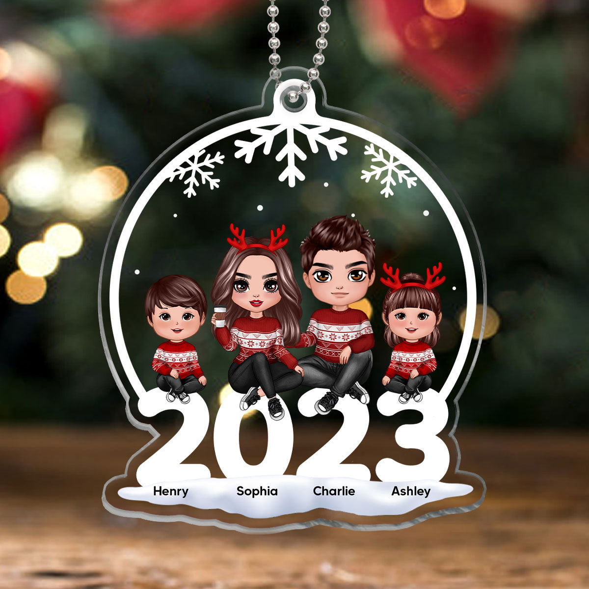 Doll Family Sitting On 2023 Snow Globe Shaped Personalized Acrylic Ornament