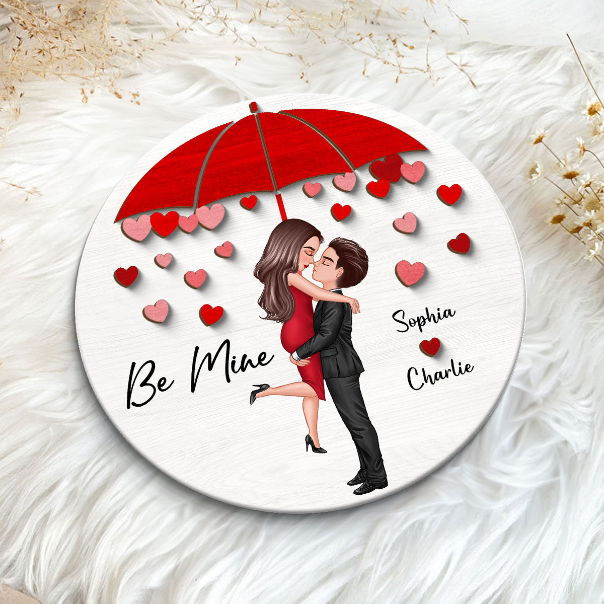 Be Mine Couple Kissing Under Umbrella Personalized 2-layer Wooden Plaque