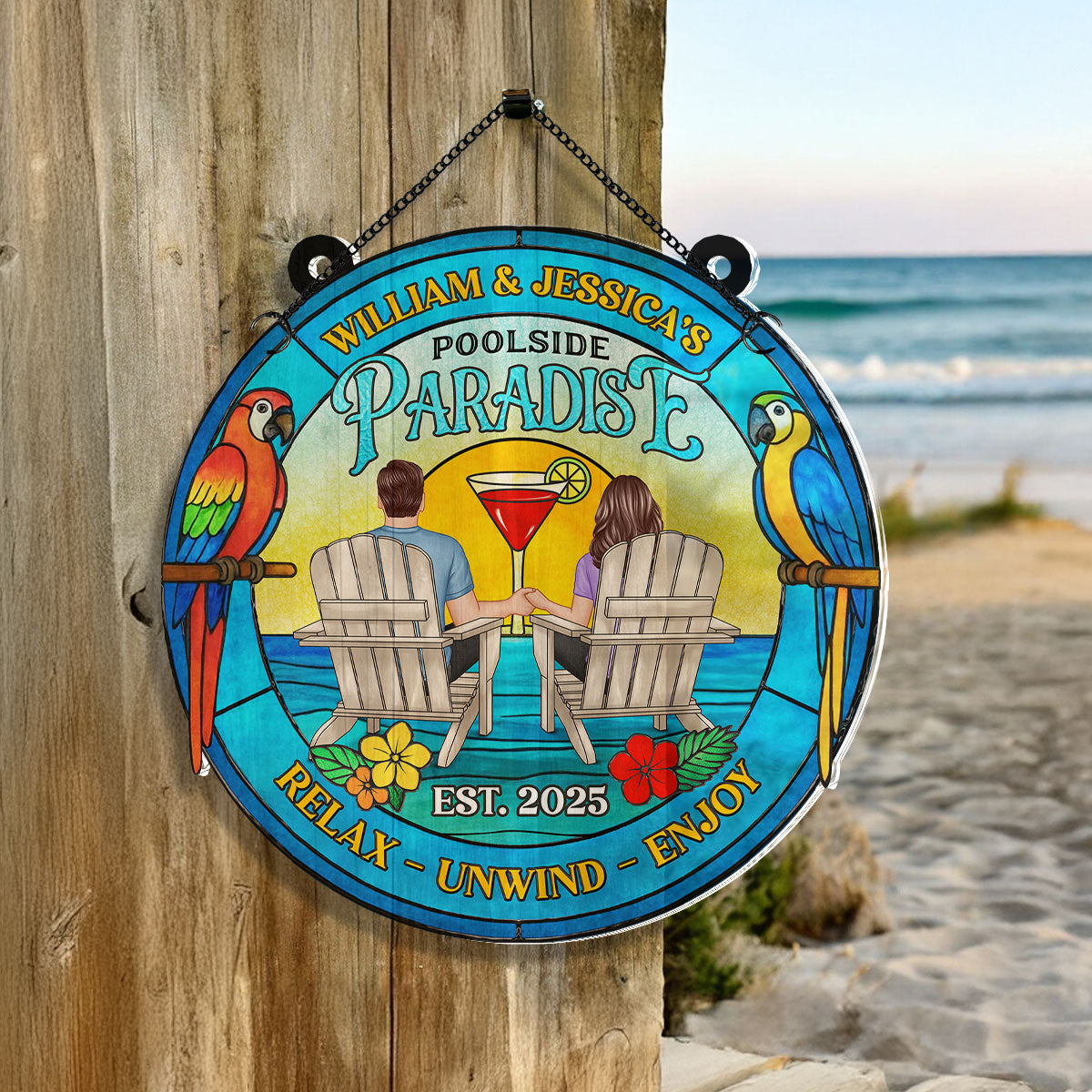 Couple Poolside Paradise Tropical Personalized Acrylic Suncatcher