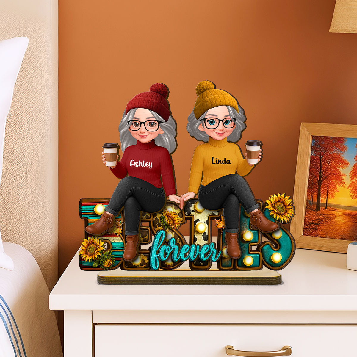 Western Fall Vibe Besties Sitting Personalized Standing Wooden Plaque, Fall Gift for Best Friends