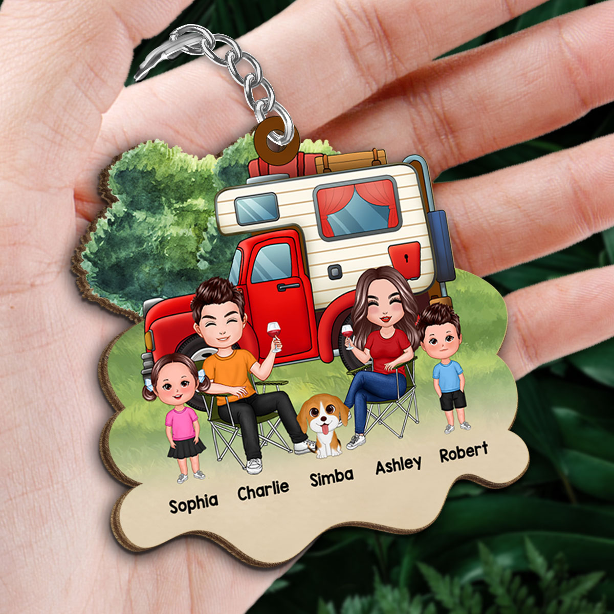 Camping Family Dogs Cats Personalized Wooden Keychain