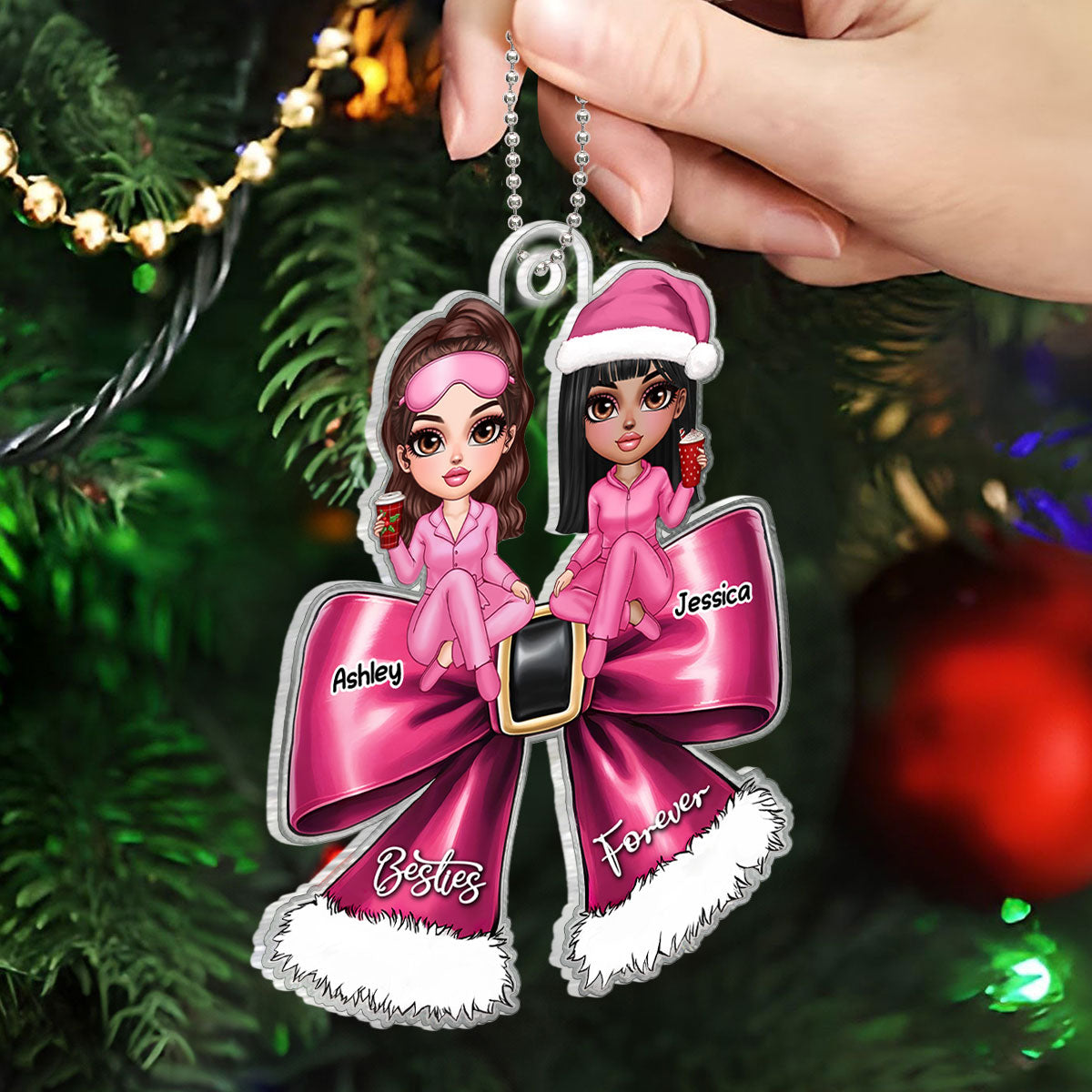 Christmas Coquette Bow Best Friends Personalized Acrylic Ornament, Christmas Gift For Besties