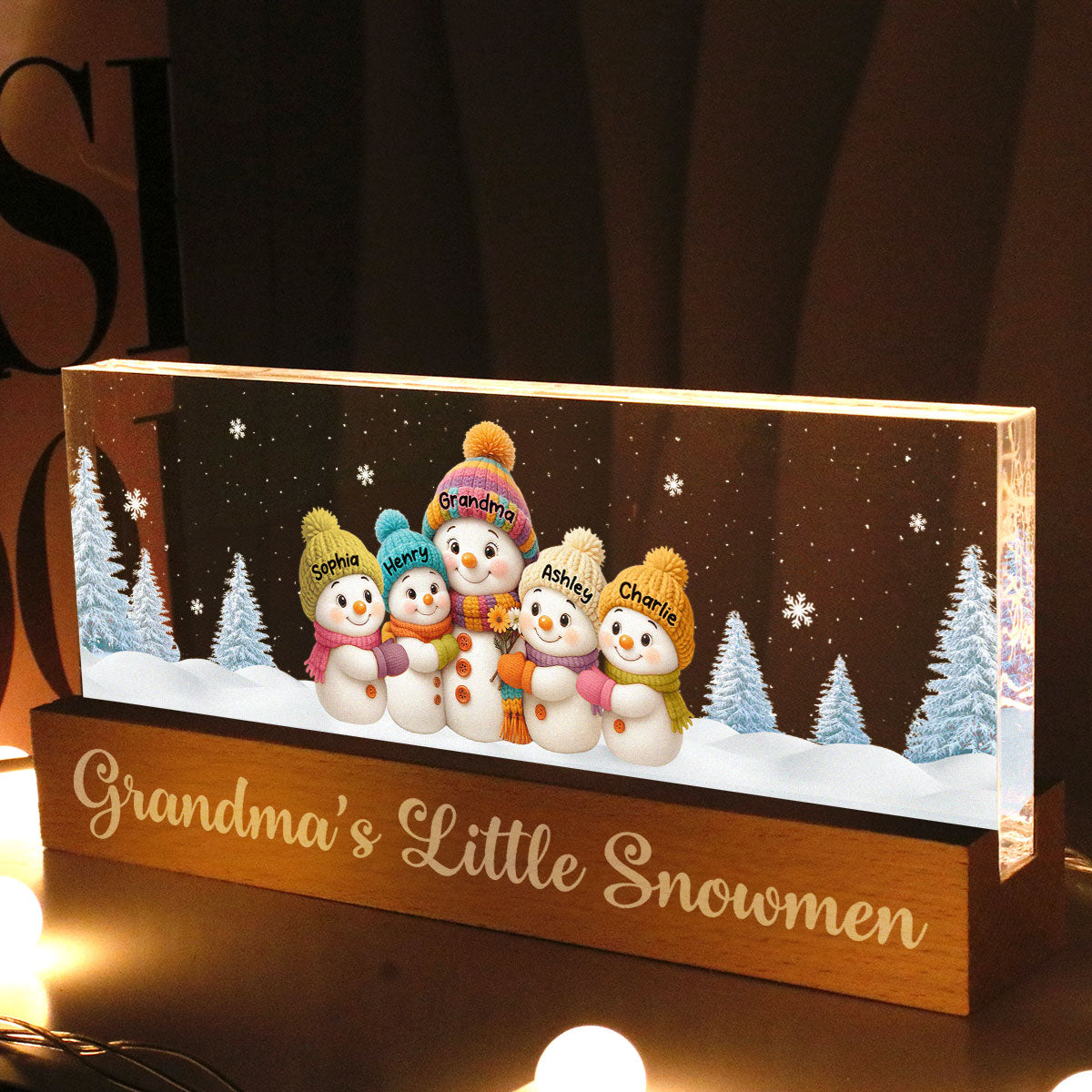 Grandma Snow Angels Snowman - Personalized Block LED Night Light - Christmas Gift for Grandmas